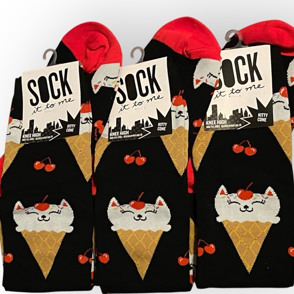NWT Set of 3 Sock It To Me Kitty Cone Knee High Socks - Set Of Three - Picture 1 of 5